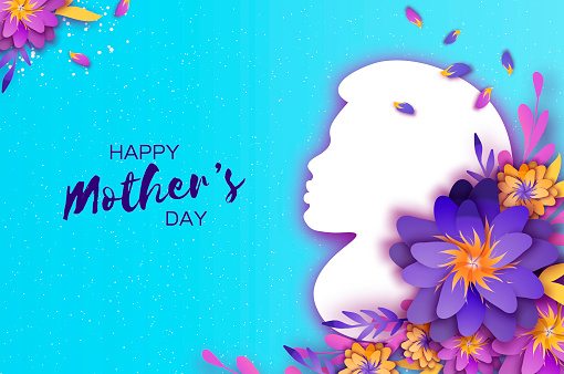 Silhouette of a mother in paper cut style. Happy Mothers Day celebration. Bright Origami Flowers. Spring blossom on sky blue Space for Text. Vector