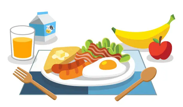 Vector illustration of Eating breakfast in the morning. Breakfast is the first meal of a day for life. foods with benefits.