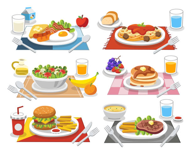 ilustraciones, imágenes clip art, dibujos animados e iconos de stock de pruebe la comida en cada comida. las comidas de las personas que deben comer en un día. ideas para crear una descripción nutricional para la comida diaria. - breakfast plate