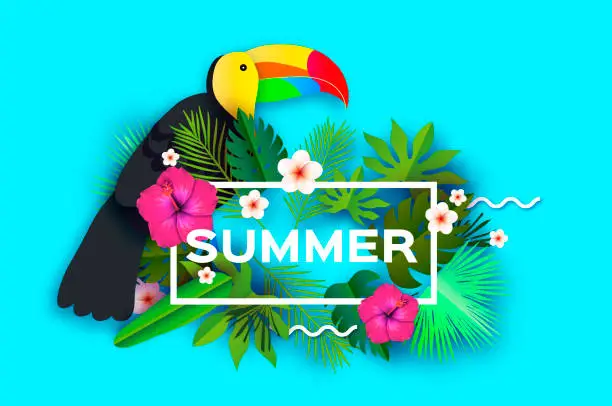 Vector illustration of Toucan, Hibiscus Flowers and Palm Leaves. Tropical Summer. Frangipani - Plumeria in Paper cut art. Bird of paradise. Rectangle frame. Text. Origami jungle. Spring blossom. Exotic Banner.