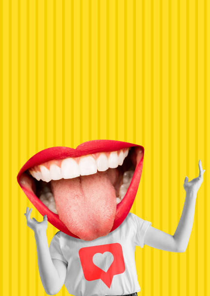 Happiness. Modern design. Contemporary art collage. Happiness. Female body with the big mouth, red lips and white teeth as a head against yellow background. Modern design. Contemporary art collage. Concept of emotions, social media or feelings. soda photos stock pictures, royalty-free photos & images