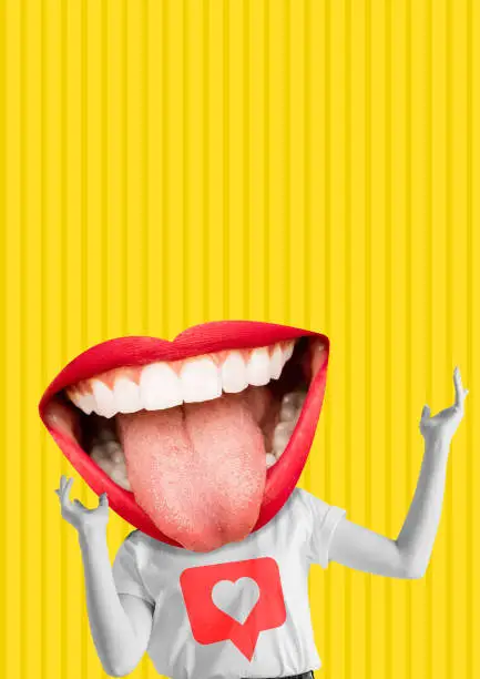 Happiness. Female body with the big mouth, red lips and white teeth as a head against yellow background. Modern design. Contemporary art collage. Concept of emotions, social media or feelings.