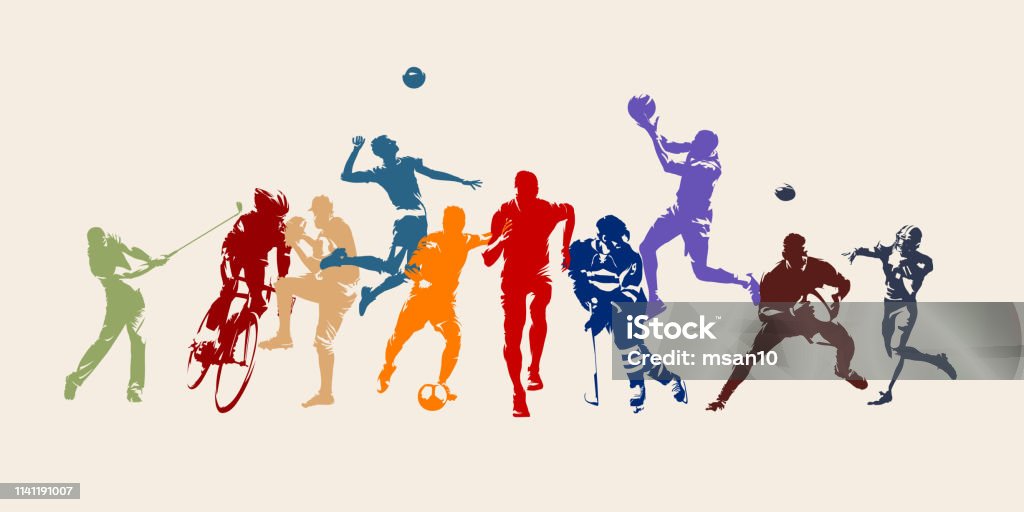 스포츠, 다양 한 스포츠 분야의 선수의 집합입니다. 고립 된 벡터 실루엣입니다. 달리기, 축구, 하 키, 농구, 야구, 미식축구, 사이클링, 골프 - 로열티 프리 스포츠 벡터 아트