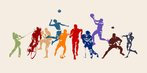 스포츠, 다양 한 스포츠 분야의 선수의 집합입니다. 고립 된 벡터 실루엣입니다. 달리기, 축구, 하 키, 농구, 야구, 미식축구, 사이클링, 골프 - 조직된 단체 이미지 stock illustrations