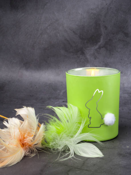 istock burning candle with rabbit covered with colorful feathers on concrete background. 1141192457