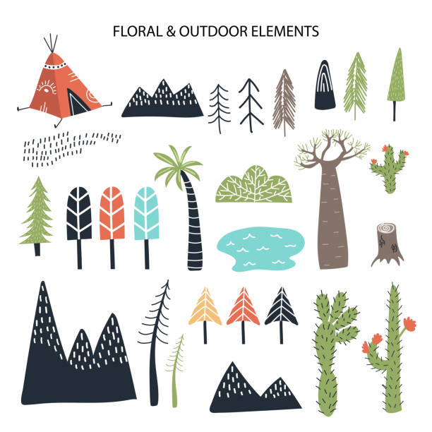 illustrations, cliparts, dessins animés et icônes de grand ensemble d’éléments floraux et extérieurs diférents. mignon dessiné à la main les enfants clip art collection. - wigwam