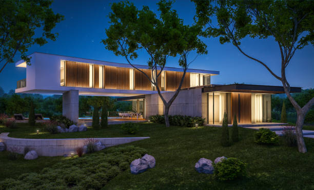 istock 3d rendering of modern house on the hill with pool in night 1141196261