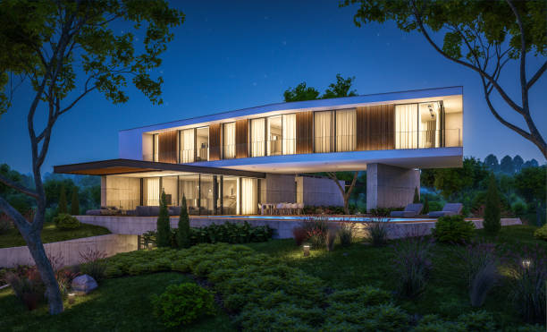istock 3d rendering of modern house on the hill with pool in night 1141196262