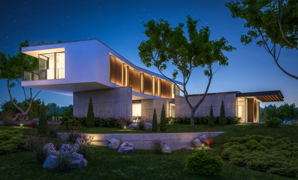 istock 3d rendering of modern house on the hill with pool in night 1141196264
