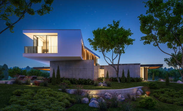 istock 3d rendering of modern house on the hill with pool in night 1141196273