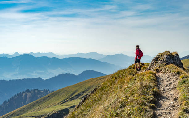 Hiking in the Allgaeu Alps nice senior woman, hiking in fall, autumn  on the ridge of the Nagelfluh chain near Oberstaufen, Allgaeu Area, Bavaria, Germany, Hochgrats summit in the background allgau stock pictures, royalty-free photos & images