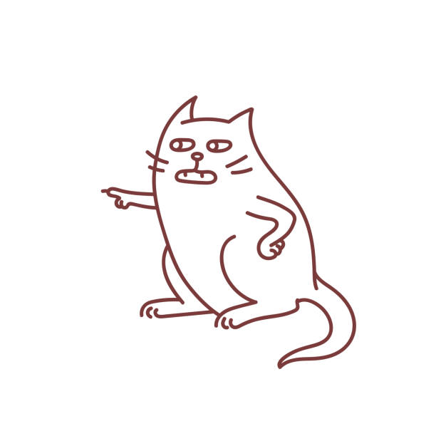 ilustraciones, imágenes clip art, dibujos animados e iconos de stock de la gata escéptica argumenta con alguien y apunta con la pata - desconfiado