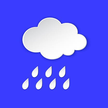 Rain, Cloud Weather forecast info icon. Rainy cloudy day, paper cut style on blue. Climate weather element. Trendy button for Metcast report mark, sign kit, meteo mobile app, web. Vector illustration
