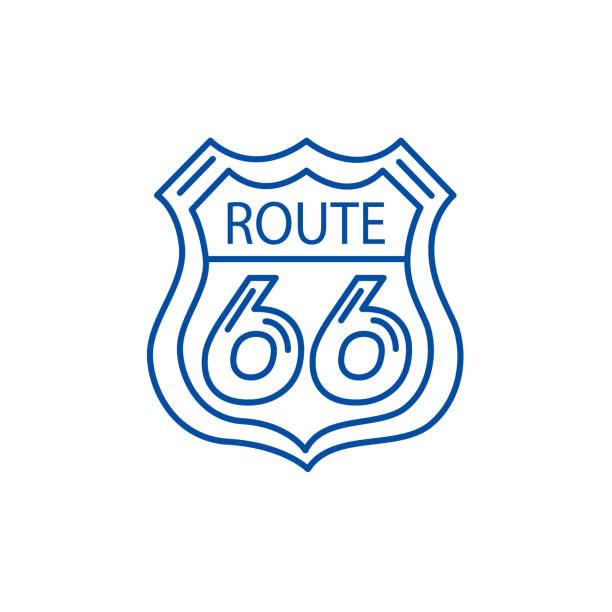 ilustrações de stock, clip art, desenhos animados e ícones de route 66 sign line icon concept. route 66 sign flat  vector symbol, sign, outline illustration. - route 66 illustrations