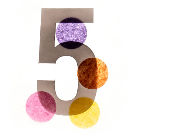 5 number five, graphic black digit and creative typography with colourful wheels, happy birthday