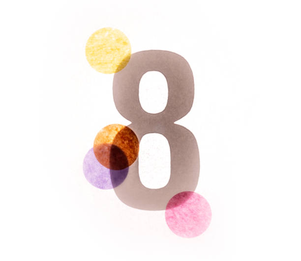 istock 8 number eight, graphic black digit and creative typography with colourful wheels, happy birthday 1141205104