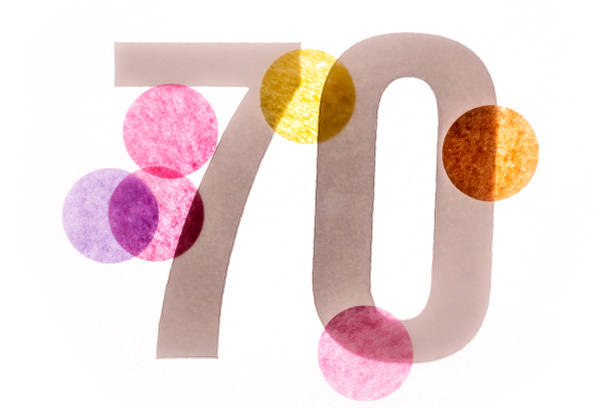 istock 70 number seventy, graphic black digit and creative typography with colourful wheels, happy birthday 1141205119