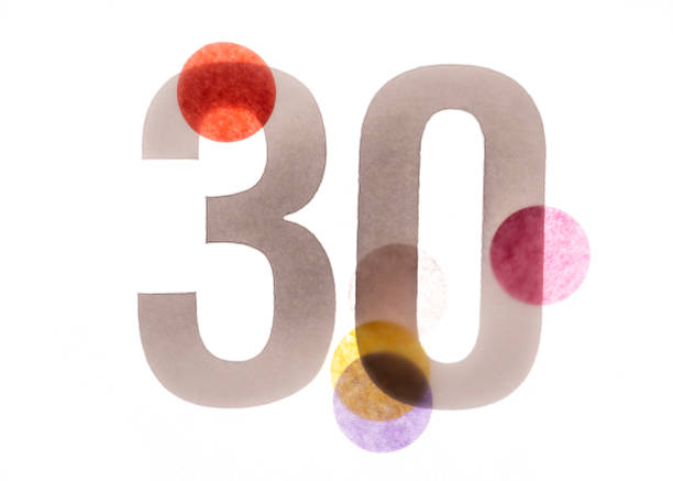 istock 30 number thirty, graphic black digit and creative typography with colourful wheels, happy birthday 1141205131