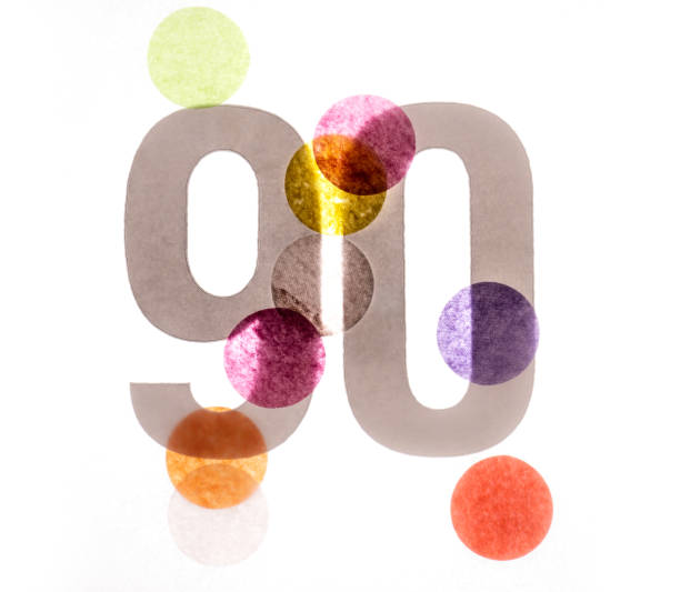 istock 90 number ninety, graphic black digit and creative typography with colourful wheels, happy birthday 1141205147