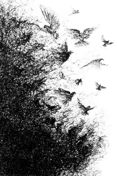 Handmade symbolic pen drawing of birds disintegrating from a group to individuals and into particles Original hand drawn artwork disintegration stock illustrations