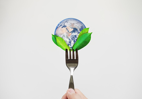 Green food, environmental concept. Hand holding fork with leaves and globe. Element of this image are furnished by NASA (https://svs.gsfc.nasa.gov/11650)