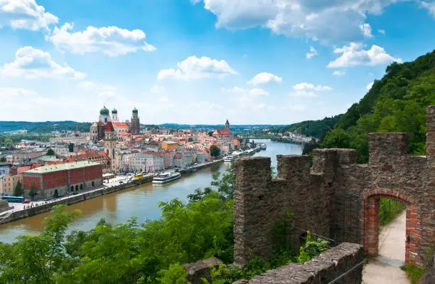 View to Passau and River Danube. Lower Bavaria. Germany