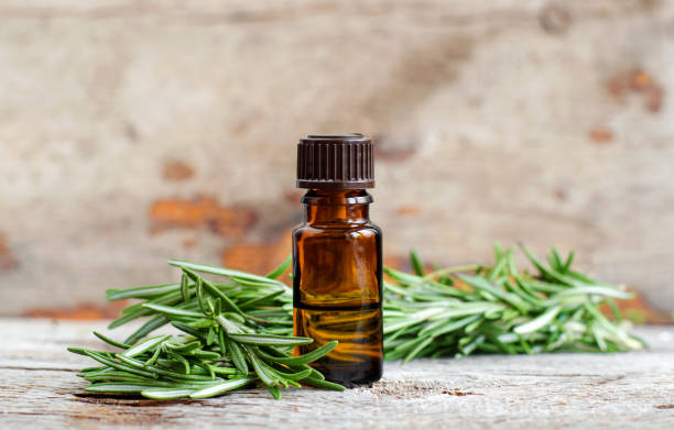 Small bottle of essential rosemary oil on the old wooden background. Aromatherapy, spa and herbal medicine ingredients. Copy space. Small bottle of essential rosemary oil on the old wooden background. Aromatherapy, spa and herbal medicine ingredients. Copy space. essential oil stock pictures, royalty-free photos & images