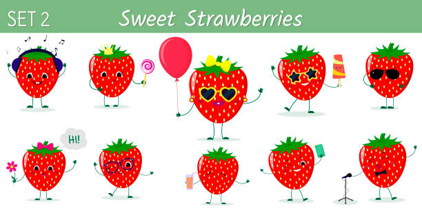 zestaw dziesięciu uroczych znaków kawaii sweet strawberry w różnych pozach i akcesoriach w stylu kreskówki. logo, szablon, projekt. ilustracja wektorowa, płaska - strawberry plant audio stock illustrations