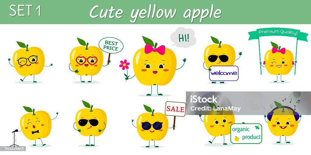 Set of ten cute kawaii yellow apples characters in various poses and accessories in cartoon style. Vector illustration, flat design Set of ten cute kawaii yellow apples characters in various poses and accessories in cartoon style. Vector illustration, flat design. Apple - Fruit stock vector