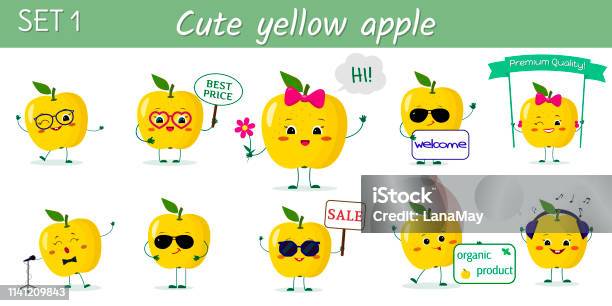 Set Of Ten Cute Kawaii Yellow Apples Characters In Various Poses And Accessories In Cartoon Style Vector Illustration Flat Design Stock Illustration - Download Image Now