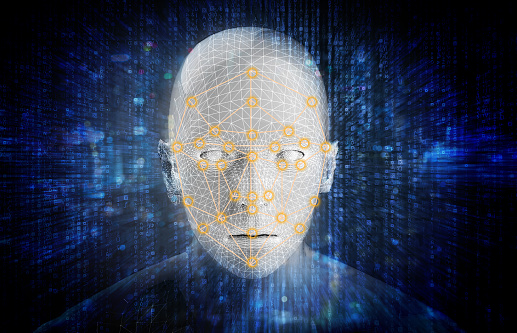 Machine learning systems technology , accurate facial recognition biometric technology and artificial intelligence concept. 3d Rendering of man face and dots connect on face.