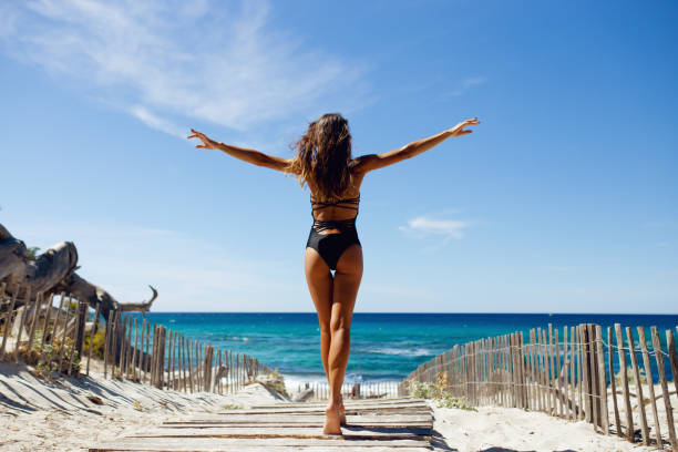Rear view of a beautiful, brunette young girl with raised hands, looking at ocean. stock photo