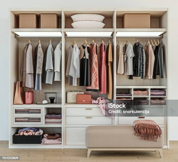 Modern Wooden Wardrobe With Women Clothes Hanging On Rail In Walk In Closet Design Interior 3d Rendering Stock Photo - Download Image Now