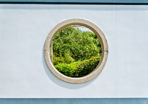 Chinese style window and green plants.