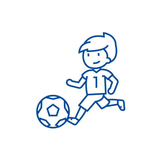 fußball, junge spielen fußball-linien-sicon konzept. fußball, junge spielen fußball flachen vektor-symbol, zeichen, umrissbild illustration. - soccer ball running sports uniform red stock-grafiken, -clipart, -cartoons und -symbole