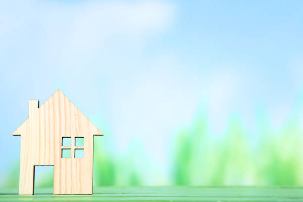 istock Wooden house model on blue background 1141215834