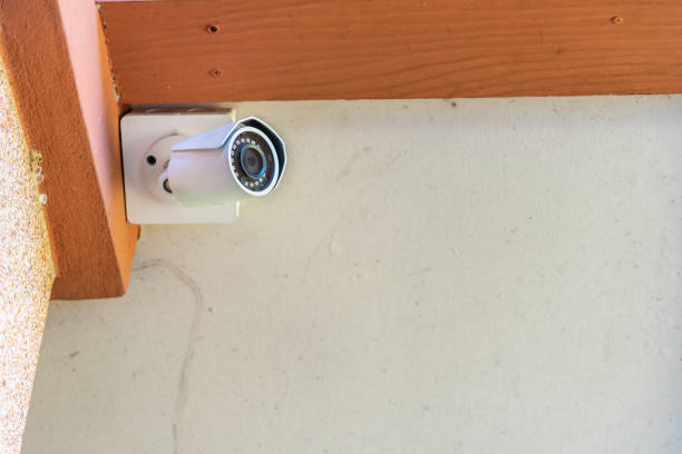 istock Security camera CCTY at house's ceiling for private building property protection. 1141215881