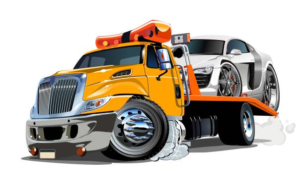 illustrazioni stock, clip art, cartoni animati e icone di tendenza di camion di traino cartone animato isolato su sfondo bianco - car motor vehicle towing repairing