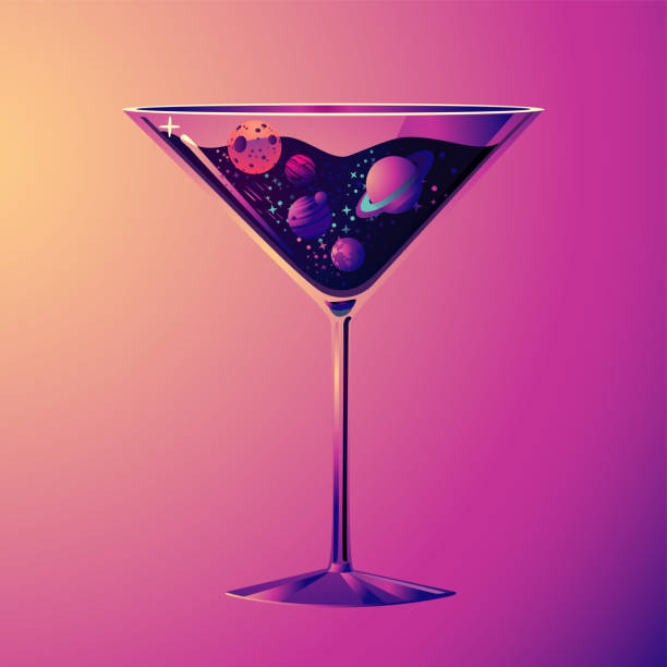 Cocktail party illustration. With drink glass and night sky. Futuristic neon style. vector art illustration