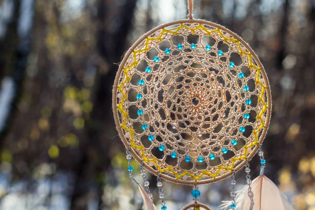 istock Handmade dream catcher with feathers threads and beads rope hanging 1141220284
