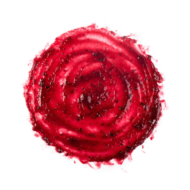 Dark Red Berry Jam Round Blot Frame or Spot Isolated Dark red berry jam round blot frame or spot isolated on white background. Sweet confiture drops or marmalade splash top view strawberry crush stock pictures, royalty-free photos & images