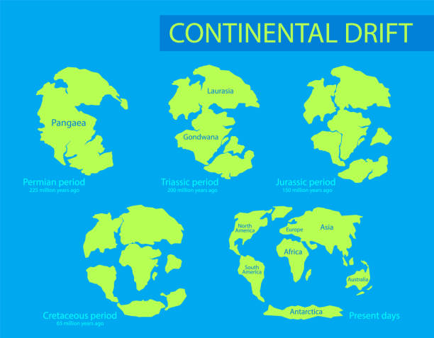 kontinentaldrift. die bewegung der festlandschaften auf dem planeten erde in verschiedenen perioden von 250 mya bis gegenwart. vektorillustration von pangaea, laurasia, gondwana, modernen kontinenten im flachen stil - land in sicht stock-grafiken, -clipart, -cartoons und -symbole