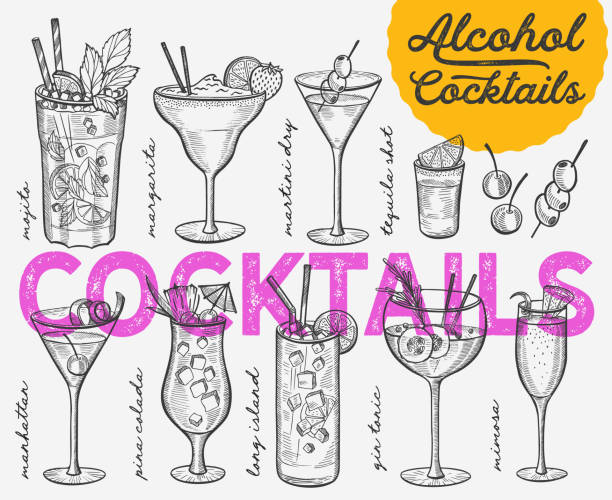 Cocktail illustration - margarita, mojito, gin tonic, mimosa, pina colada, long island, manhattan, martini for restaurant. Vector hand drawn alcohol drinks for bar and pub. Design with lettering. Cocktail illustration, vector hand drawn alcohol drinks tequila drink illustrations stock illustrations