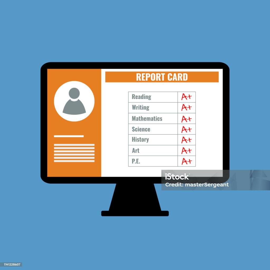 online school report card with A plus grades, flat design vector illustration Report Card stock vector