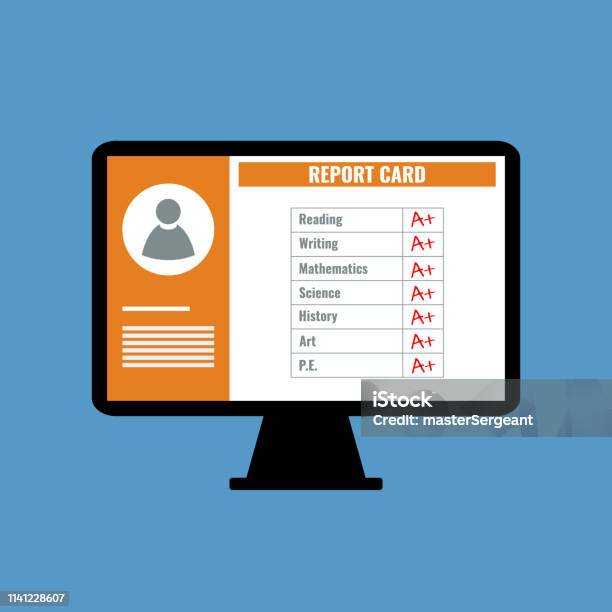 Online School Report Card With A Plus Grades Flat Design Vector Illustration Stock Illustration - Download Image Now