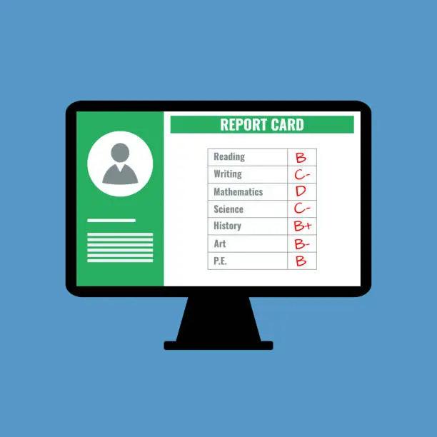 Vector illustration of online school report card with B C D grades, flat design vector illustration