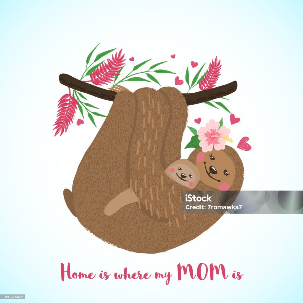 Happy Mothers Day Card With Cute Sloths Stock Illustration ...