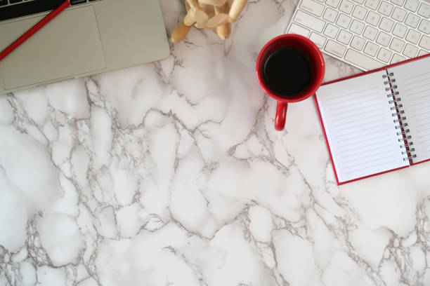 istock Top office marble table with office supplies and copy space 1141229449