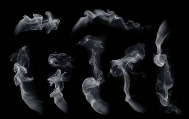 Fog or smoke set isolated on black background. White cloudiness, mist or smog background.