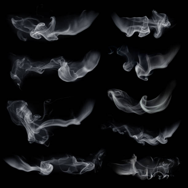 Fog or smoke set isolated on black background. White cloudiness, mist or smog background.